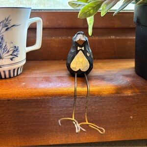 Handcrafted Black and Cream Bird Figurine Folk Art Adorable Little Guy